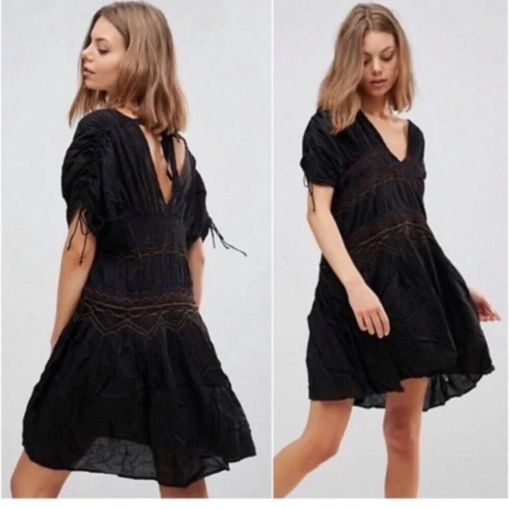 Free People Love On The Run Mini Dress Black Embroidered Smocked Size Small Boho